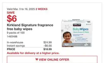 Costco Kirkland Signature fragrance free baby wipes offer