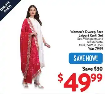 Walmart Women's Dweep Sara Jaipuri Kurti Set offer