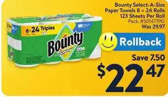 Walmart Bounty Select-A-Size Paper Towels 8 = 24 Rolls 123 Sheets Per Roll offer