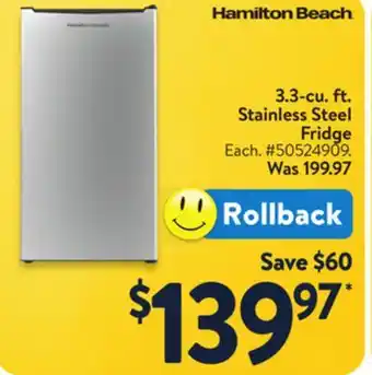 Walmart Hamilton Beach 3.3-cu. ft. Stainless Steel Fridge offer