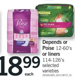 Fortinos Depends or Poise 12-60's or liners 114-126's offer