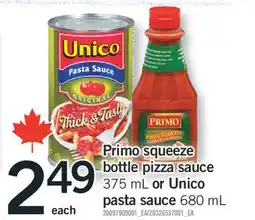 Fortinos Primo squeeze bottle pizza sauce 375 mL or Unico pasta sauce 680 mL offer