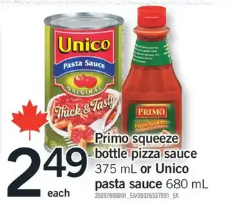 Fortinos Primo squeeze bottle pizza sauce 375 mL or Unico pasta sauce 680 mL offer