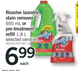 Fortinos RESOLVE LAUNDRY STAIN REMOVER, 650 ML OR PRE-TREATMENT REFILL, 1.8 L offer