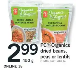 Fortinos PC ORGANICS DRIED BEANS, PEAS OR LENTILS, 450 G offer