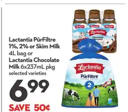 Longo's Lactantia PūrFiltre 1%, 2% or Skim Milk 4L bag or Lactantia Chocolate Milk 6x237mL offer