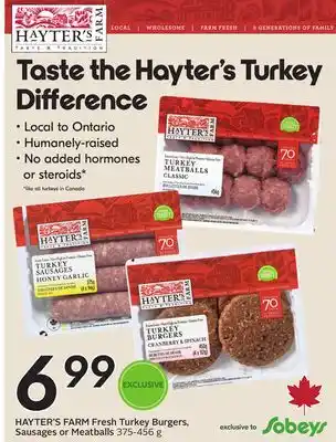 Sobeys HAYTER'S FARM Fresh Turkey Burgers, Sausages or Meatballs offer