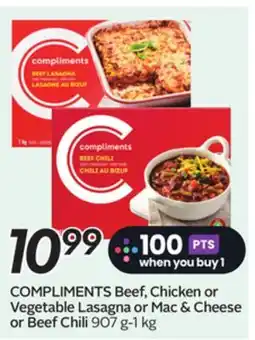 Sobeys COMPLIMENTS Beef, Chicken or Vegetable Lasagna or Mac & Cheese or Beef Chili offer