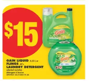 No Frills GAIN LIQUID 4.55 L OR FLINGS 42'S LAUNDRY DETERGENT offer