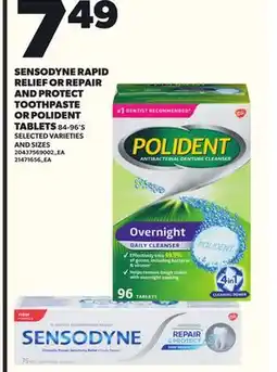 Loblaws SENSODYNE RAPID RELIEF OR REPAIR AND PROTECT TOOTHPASTE OR POLIDENT TABLETS, 84-96'S offer