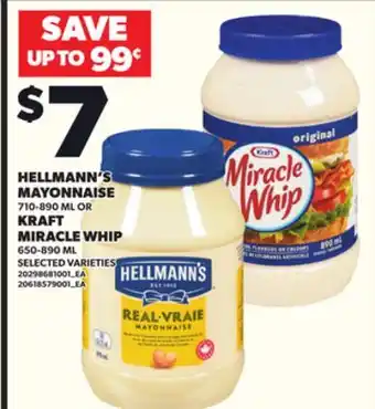 Loblaws HELLMANN'S MAYONNAISE, 710-890ML OR KRAFT MIRACLE WHIP, 650-890ML offer