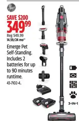 Canadian Tire Hoover Emerge Pet Self-Standing. Includes 2 batteries for up to 90 minutes runtime offer