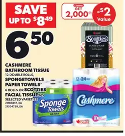 Loblaws CASHMERE BATHROOM TISSUE, 12 DOUBLE ROLLS, SPONGETOWELS PAPER TOWELS, 6 ROLLS FACIAL TISSUE offer