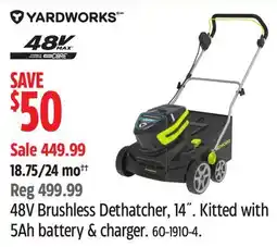 Canadian Tire Yardworks 48V Brushless Dethatcher, 14 Kitted with 5Ah battery & Charger offer