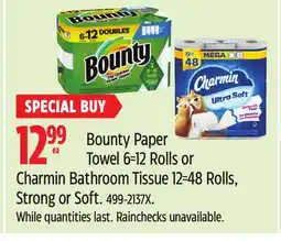 Canadian Tire Bounty Paper Towel 6=12 Rolls or Charmin Bathroom Tissue 12=48 Rolls, Strong or Soft offer