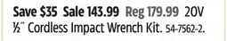 Canadian Tire Mastercraft 20V 1⁄2˝ Cordless Impact Wrench Kit offer