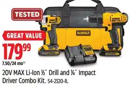 Canadian Tire DEWALT 20V MAX Li-Ion 1⁄2˝ Drill and 1⁄4˝ Impact Driver Combo Kit offer