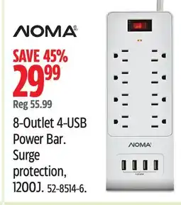 Canadian Tire NOMA 8-Outlet 4-USB Power Bar. Surge protection, 1200J offer