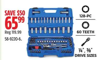 Canadian Tire Mastercraft 128-PC 60 TEETH ¼ , ⅜ DRIVE SIZES offer