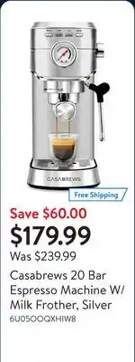 Walmart Casabrews 20 Bar Espresso Machine W/ Milk Frother, Silver offer