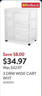 Walmart 3 DRW WIDE CART WHT offer