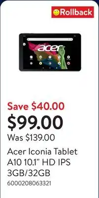 Walmart Acer Iconia Tablet A10 10.1 HD IPS 3GB/32GB offer