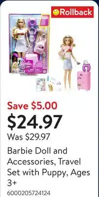 Walmart Barbie Doll and Accessories, Travel Set with Puppy, Ages 3+ offer