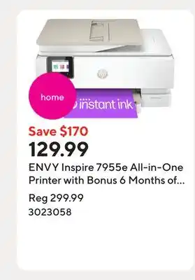 Staples ENVY Inspire 7955e All-in-One Printer with Bonus 6 Months of Instant Ink with HP+ offer