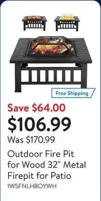 Walmart Outdoor Fire Pit for Wood 32 Metal Firepit for Patio offer