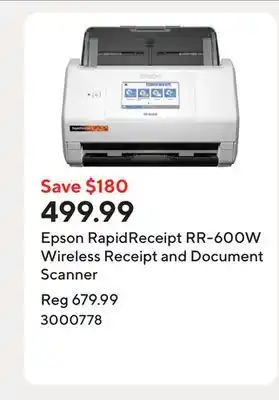 Staples Epson RapidReceipt RR-600W Wireless Receipt and Document Scanner offer