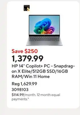 Staples HP 14 Copilot+ PC - Snapdragon X Elite/512GB SSD/16GB RAM/Win 11 Home offer