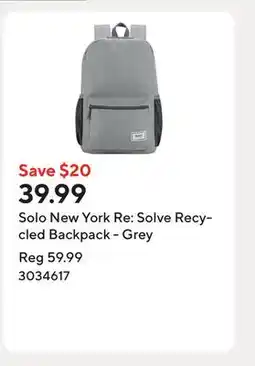 Staples Solo New York Re: Solve Recycled Backpack - Grey offer