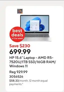 Staples HP 15.6 Laptop - AMD R5-7520U/1TB SSD/16GB RAM/Windows 11 offer