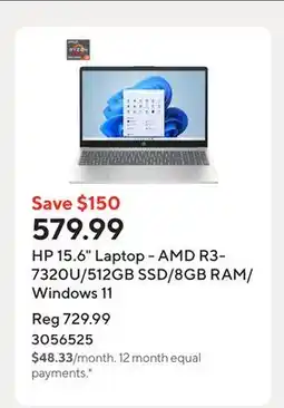 Staples HP 15.6 Laptop - AMD R3-7320U/512GB SSD/8GB RAM/Windows 11 offer