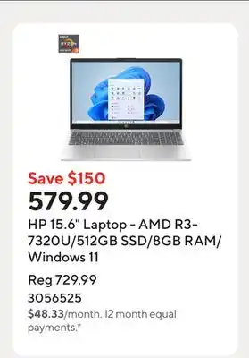 Staples HP 15.6 Laptop - AMD R3-7320U/512GB SSD/8GB RAM/Windows 11 offer