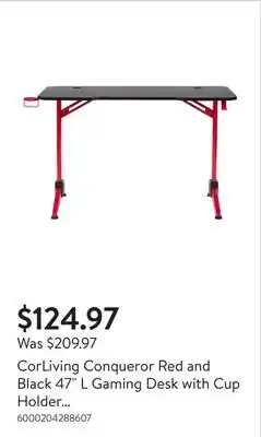 Walmart CorLiving Conqueror Red and Black 47 L Gaming Desk with Cup Holder and Headphone Hook offer