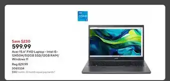 Staples Acer 15.6 FHD Laptop - Intel i5-12450H/512GB SSD/12GB RAM/Windows 11 offer