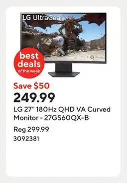 Staples LG 27 180Hz QHD VA Curved Monitor - 27GS60QX-B offer