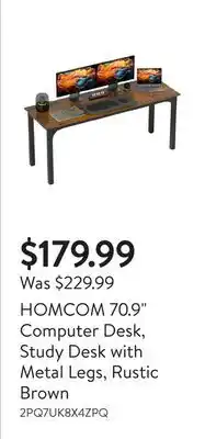 Walmart HOMCOM 70.9 Computer Desk, Study Desk with Metal Legs, Rustic Brown offer