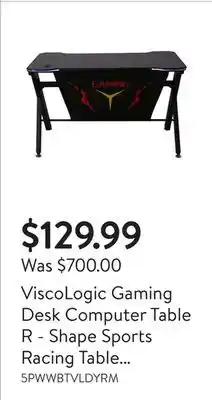 Walmart ViscoLogic Gaming Desk Computer Table R - Shape Sports Racing Table with LED Lights offer