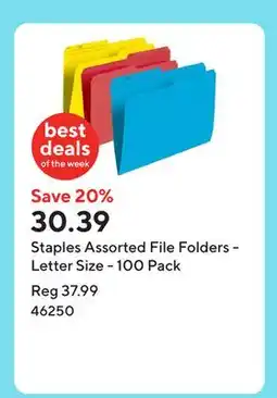 Staples Staples Assorted File Folders - Letter Size - 100 Pack offer