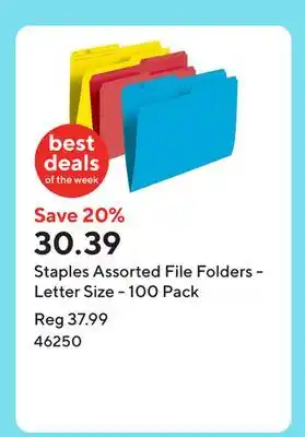 Staples Staples Assorted File Folders - Letter Size - 100 Pack offer