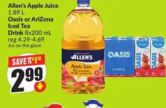 Chalo FreshCo Allen's Apple Juice 1.89 L Oasis or AriZona Iced Tea Drink 8x200 mL offer