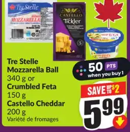 Chalo FreshCo Tre Stelle Mozzarella Ball 340 g or Crumbled Feta 150 g Castello Cheddar 200 g offer