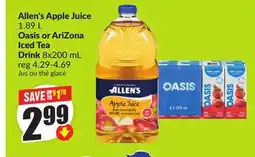 FreshCo Allen's Apple Juice 1.89 L Oasis or Arizona Iced Tea Drink 8 x 200 ml offer