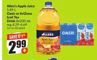 FreshCo Allen's Apple Juice 1.89 L Oasis or Arizona Iced Tea Drink 8 x 200 ml offer