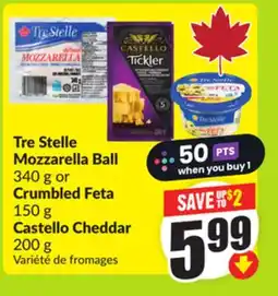 FreshCo Tre Stelle Mozzarella Ball 340 g or Crumbled Feta 150 g Castello Cheddar 200 g offer