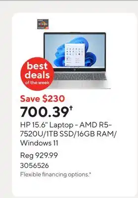 Staples HP 15.6 Laptop - AMD R5-7520U/1TB SSD/16GB RAM/Windows 11 offer