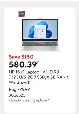 Staples HP 15.6 Laptop - AMD R3-7320U/512GB SSD/8GB RAM/Windows 11 offer