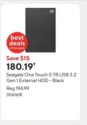 Staples Seagate One Touch 5 TB USB 3.2 Gen 1 External HDD - Black offer